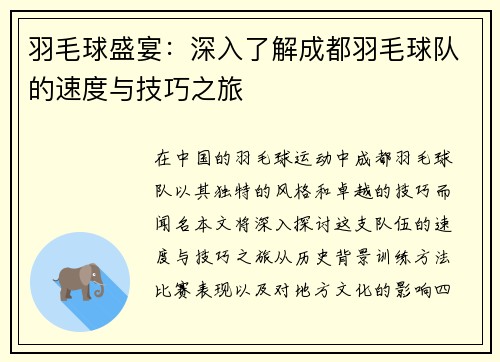 羽毛球盛宴：深入了解成都羽毛球队的速度与技巧之旅