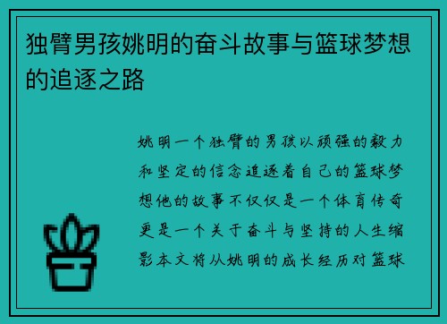 独臂男孩姚明的奋斗故事与篮球梦想的追逐之路