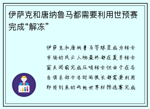 伊萨克和唐纳鲁马都需要利用世预赛完成“解冻”